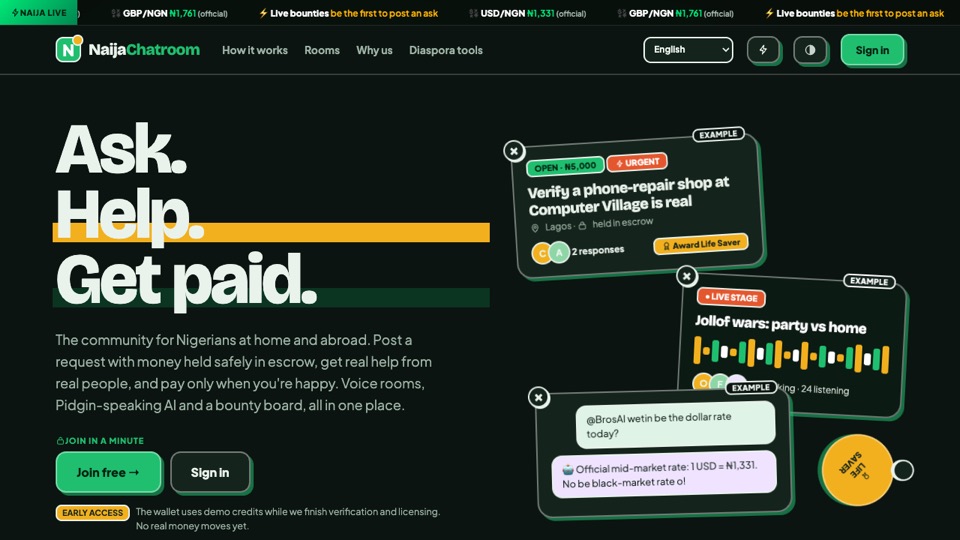 Naija Chatroom home page: "Ask. Help. Get paid." with example bounty, live stage and Bros AI cards