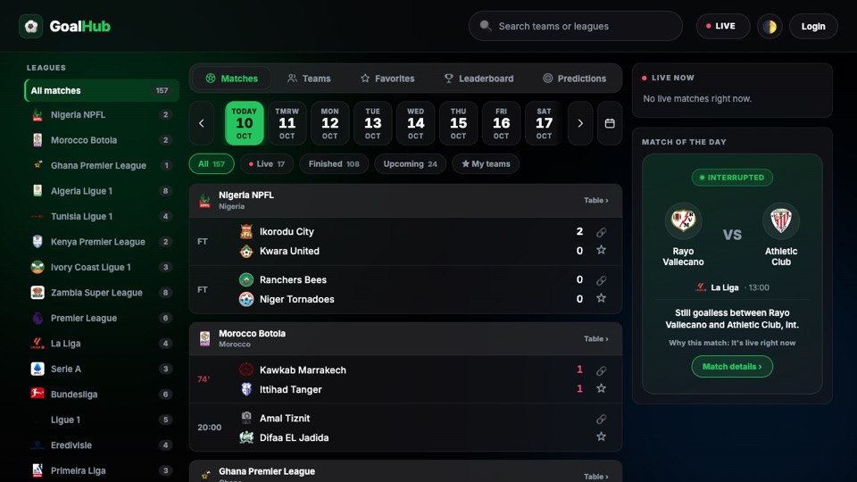 Goalhub match list with Nigeria NPFL, Premier League and La Liga fixtures