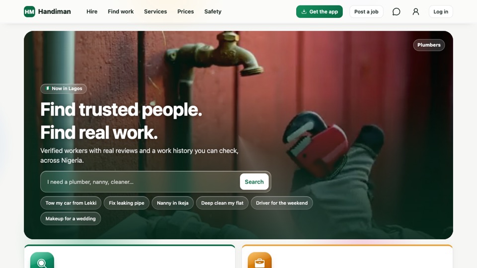 Handiman home page with job search and service categories