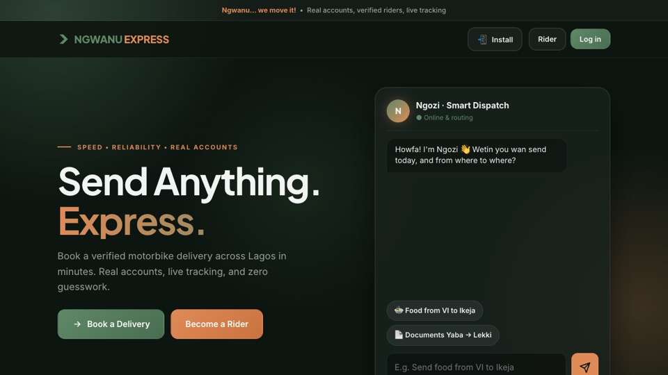 Ngwanu Express home page: 'Send Anything. Express.' with a rider-matched delivery card