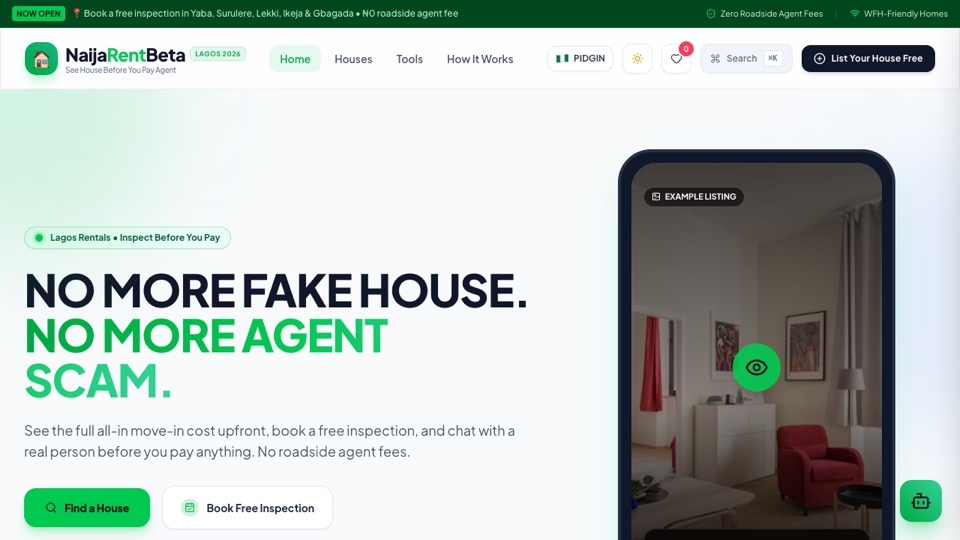 NaijaRentBeta home page: "No more fake house. No more agent scam." with an example listing in a phone frame