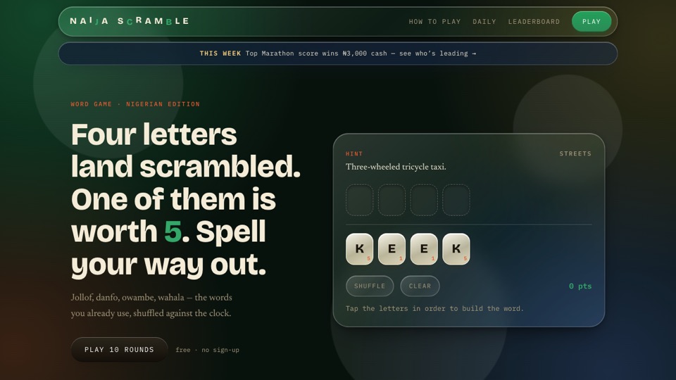 Naija Scramble home page with a letter rack and the weekly Marathon banner